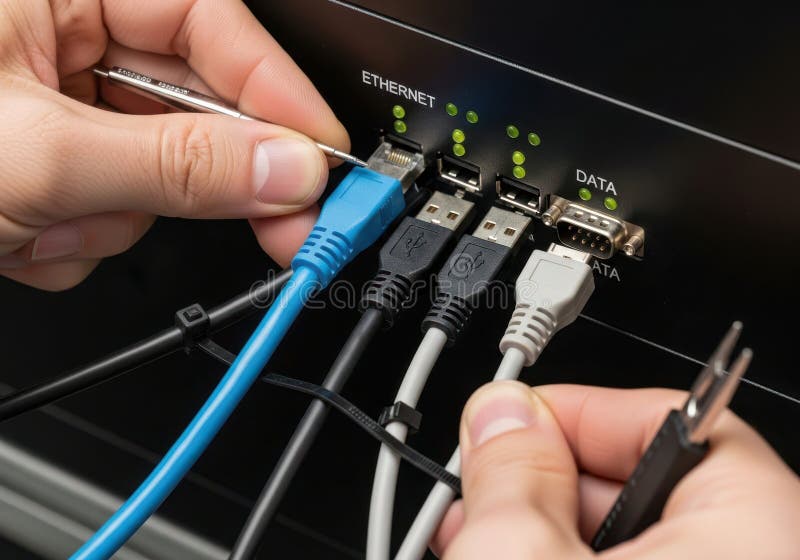 Hands connecting diverse cables to network equipment for enhanced connectivity royalty free illustration