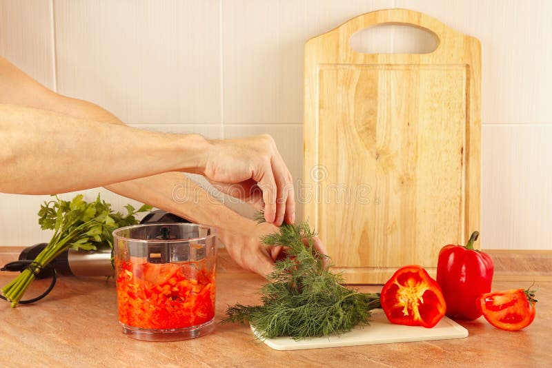 Hands Cook Put Chopped Fresh Herbs in Blender Stock Photo Image of