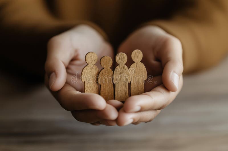 Hands cradling small wooden figures of people. Wooden figures symbolize unity care. Community, togetherness concept. Protecting royalty free illustration