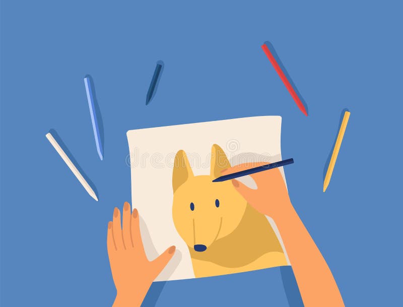 Hands creating artwork - drawing cute funny dog with colorful pencils. Creative workshop lesson or tutorial. Leisure royalty free illustration