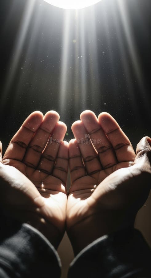 Hands cupped under divine light beam hands cupped together under a beam of light generative ai ilustração stock