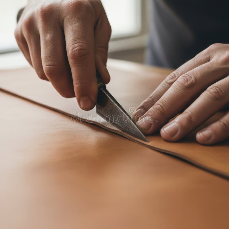Hands cutting tan leather with a knife on a leatherworking workspace stock illustration