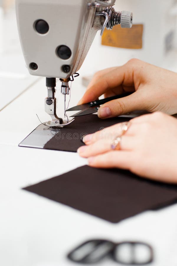 Hands Cutting Thread on Sewing Machine Side View Stock Photo Image of