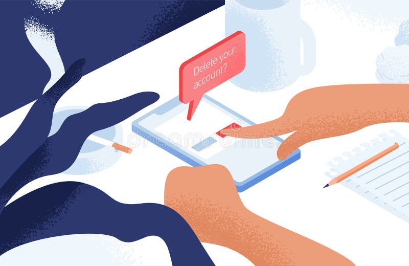 Hands deleting account or profile from social network on smartphone lying on table or desk. Concept of digital detox royalty free illustration Hands deleting account or profile from social network on smartphone lying on table or desk. Concept of digital detox royalty free illustration