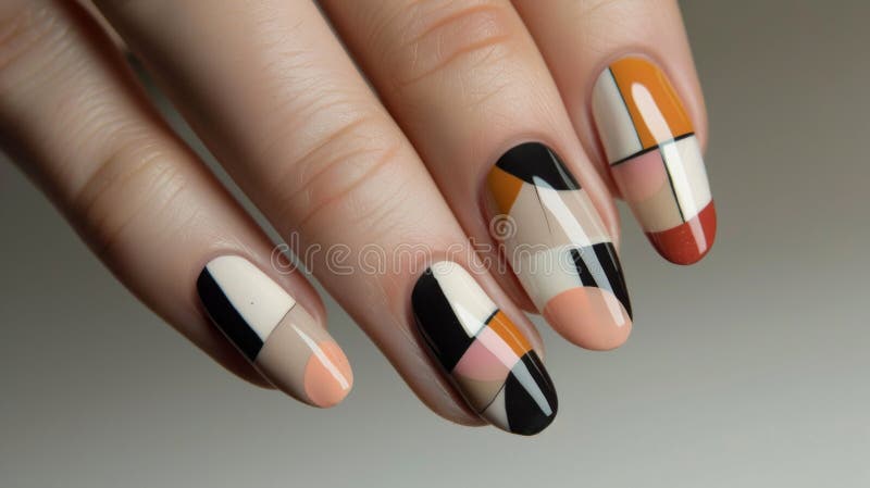 Elegant Geometric Nail Art Design Featuring Chic Minimalist Color Blocking for Fashion and Beauty