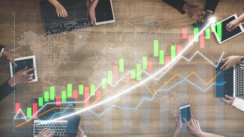 Hands of Diverse Business Professionals Analyzing Financial Data on Laptops and Tablets with Graphs and Charts on a stock illustration