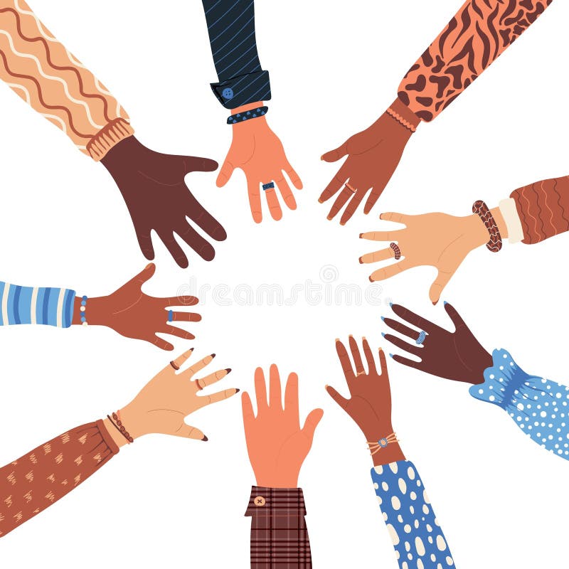 Hands of diverse group of people putting together