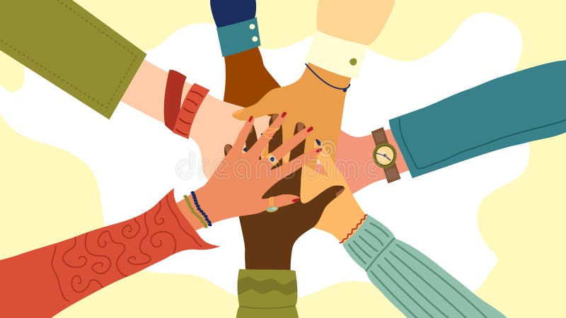 Hands of diverse group of people putting together. Concept of teamwork, cooperation, unity, togetherness, partnership