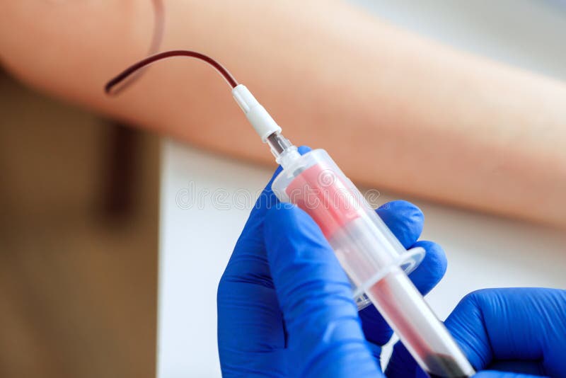 Hands of a Doctor Taking Blood Samples Using a Tube Holder Stock Image