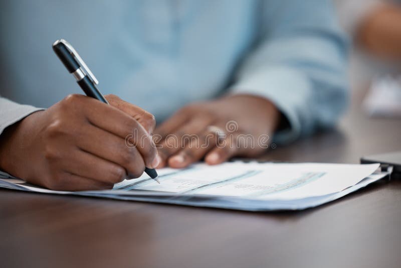 Hands, Documents and Contract with a Black Man Signing Paperwork at a Table or Desk in the ...