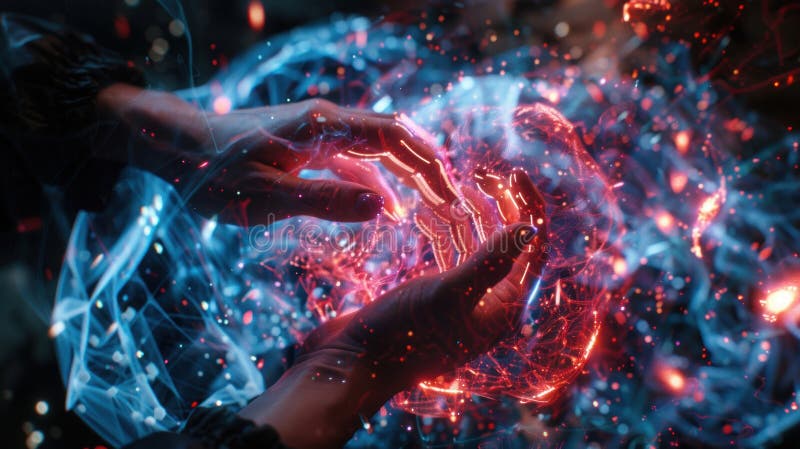 Hands Interacting with Holographic Brain Interface in VR Space for Futuristic Design stock photos
