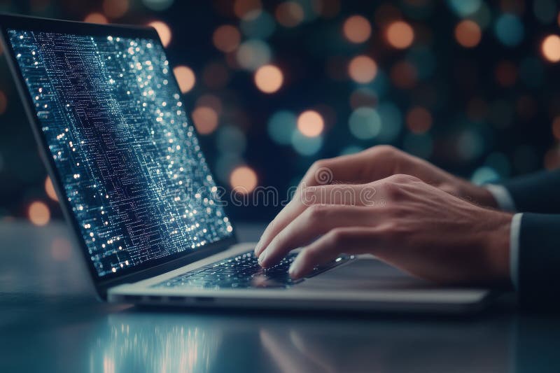 Hands engaged in coding on a laptop surrounded by a cityscape at night royalty free stock images