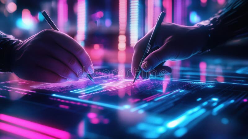 Hands engaging in collaborative digital design with vibrant neon colors and dynamic graphics at a creative workspace royalty free stock photos