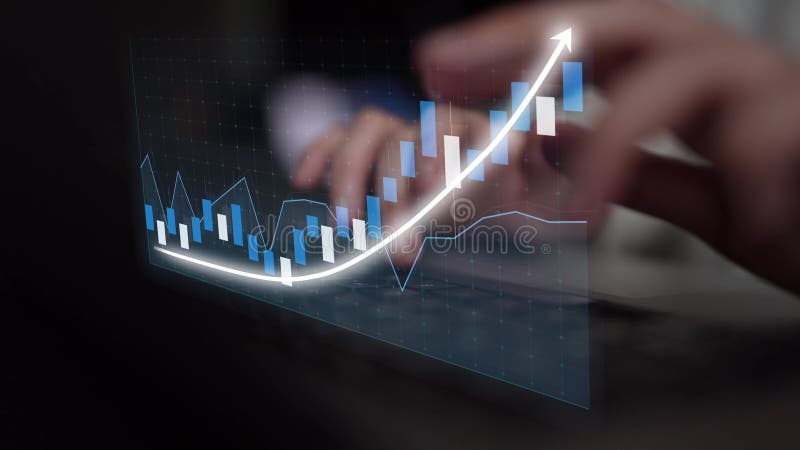 Hands Engaging with Financial Data on a Keyboard with Interactive Graphs Representing Growth and Analytics in a Digital stock illustration