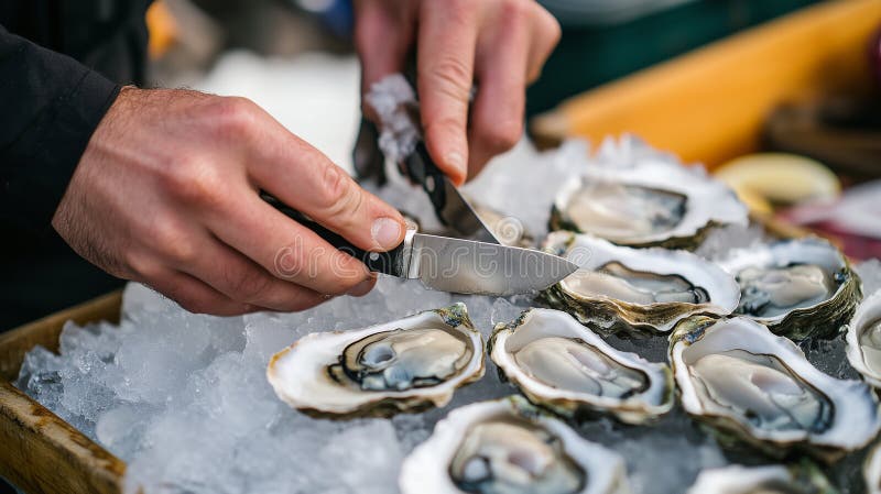 Hands expertly shucking oysters on a bed of ice using a knife stock illustration