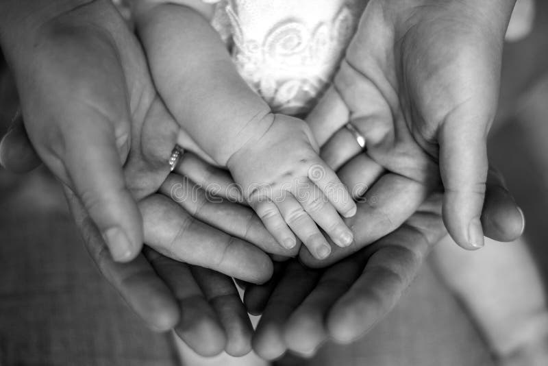 Hands of father, mother, keep little feet baby. Friendly happy family, hands families together black and white photo