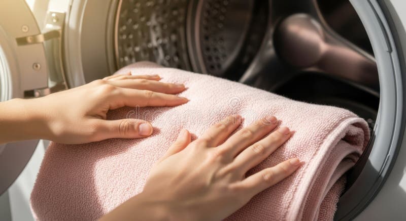Hands folding a soft pink towel inside a washing machine drum royalty free illustration