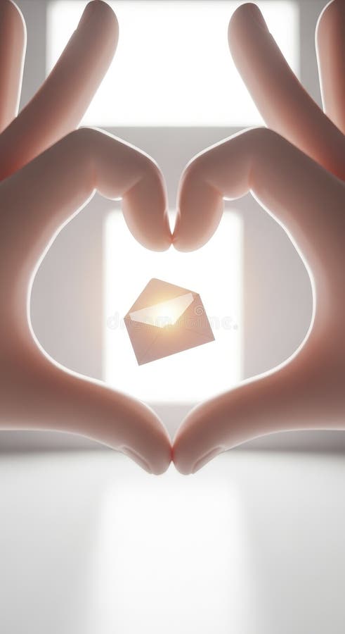 Hands forming heart shape around cube two making a glowing in front of window ilustração stock