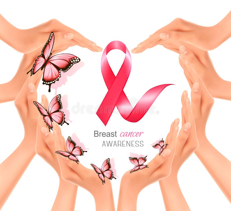 Hands forming a heart shape with a pink breast cancer awareness vector illustration Hands forming a heart shape with a pink breast cancer awareness vector illustration