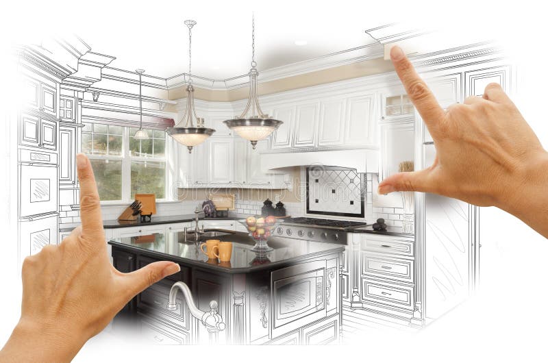 Hands Framing Custom Kitchen Design Drawing and Photo Combination stock photo