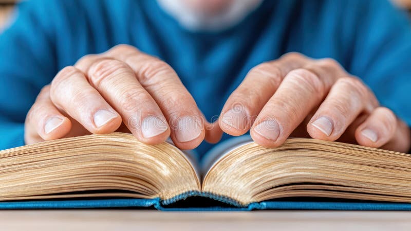 Hands gently touch the pages of an open book, inviting exploration and reflection, AI royalty free stock images