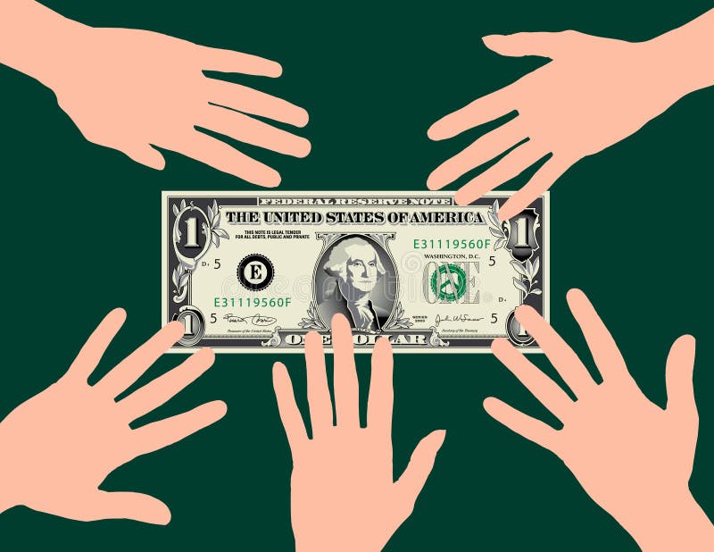 Graphic of five hands grabbing dollar bill