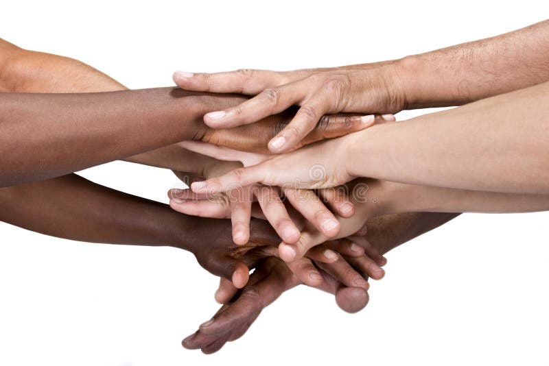 Pile of hands isolated on white, Caucasian, African American, Hispanic race. Pile of hands isolated on white, Caucasian, African American, Hispanic race.