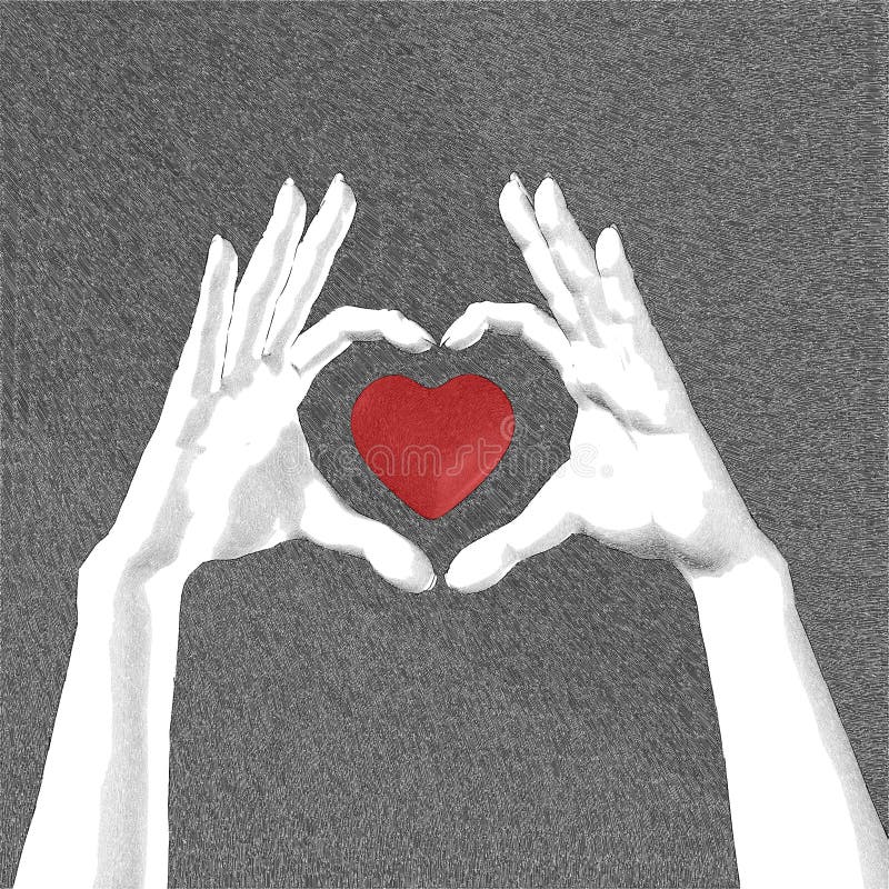 Hands with heart symbol sketch. Scratch board style. Love abstract. Valentine.