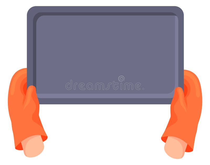 Hands hold baking tray. Pastry recipe cartoon icon