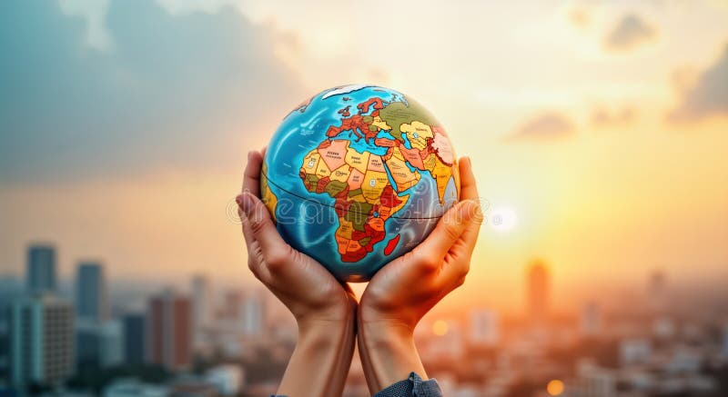 Hands hold earth globe over blurred city background. Eco concept. Protecting planet. Global environmental issue. Peace, care for stock illustration