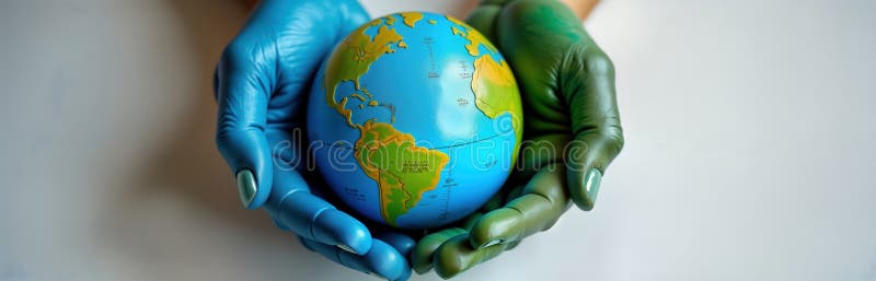 Hands hold earth globe painted blue, green. Eco care concept. Protecting planet. Global responsibility. Creative eco painting. royalty free illustration
