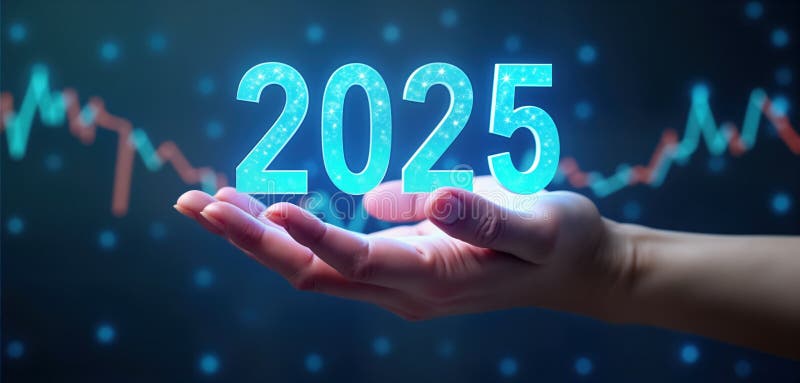 Hands hold letter And Z in abstract style. Year 2025 is highlighted on banner above blue background. Dynamic motion, dark blue royalty free illustration