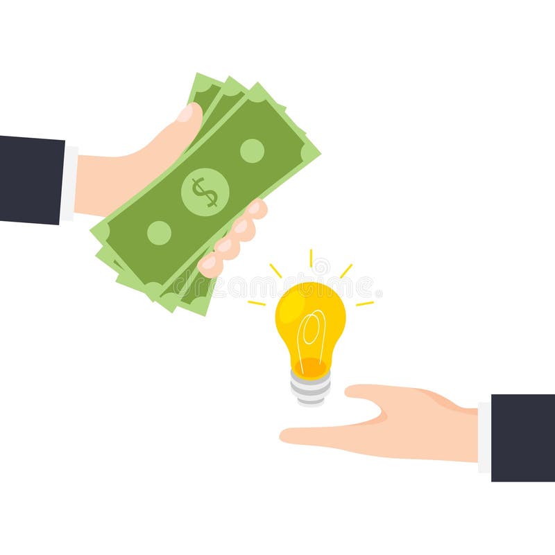Hands hold money and light bulb. stock illustration