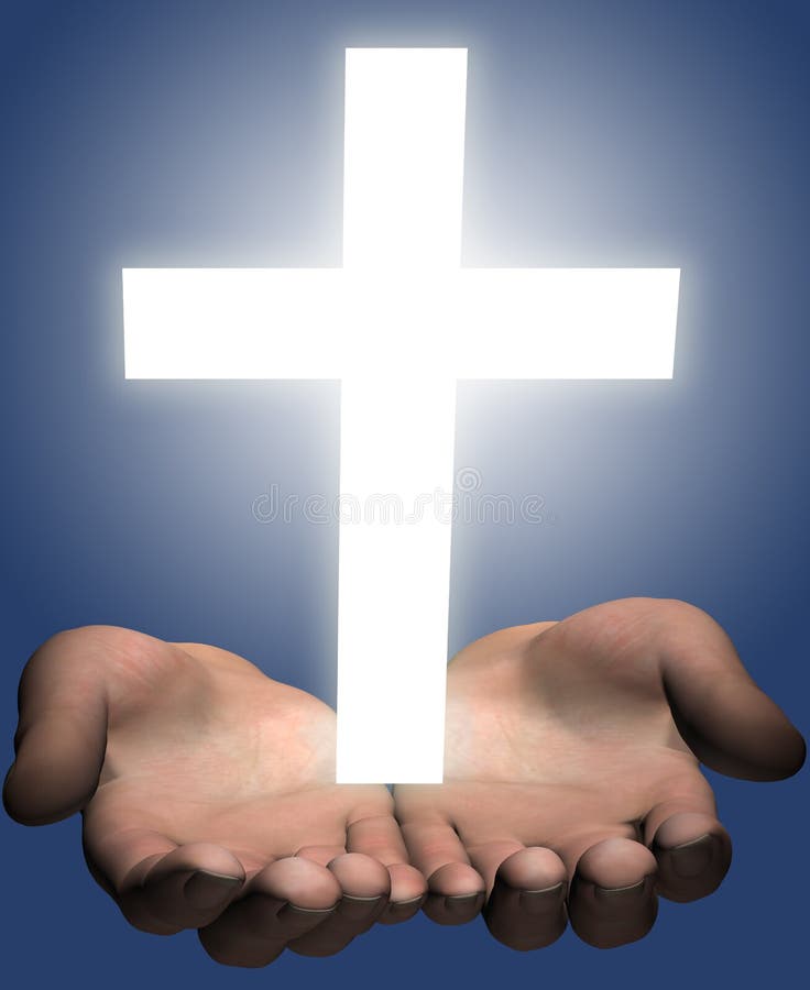 Hands hold out a bright shining white cross