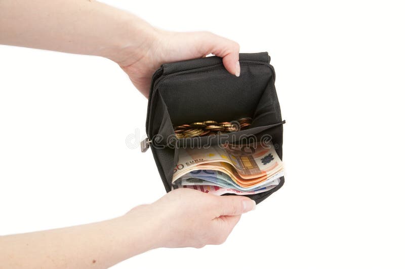 Hands hold out an wallet with money