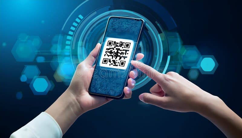Hands hold a phone displaying a verified QR code against a tech background.