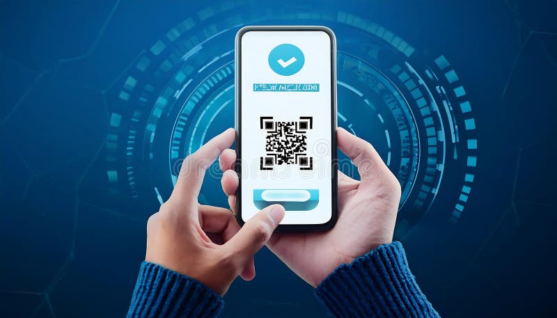 Hands hold a phone displaying a verified QR code against a tech background vector illustration