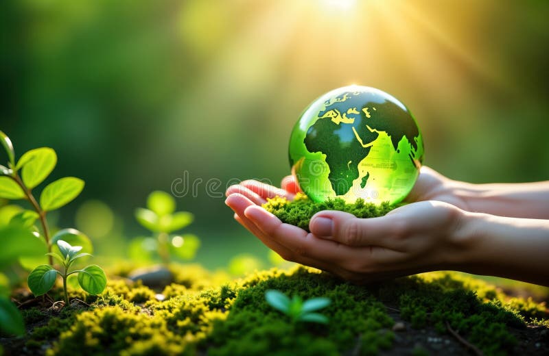 Hands hold small globe representing Earth. Green plants, moss surround globe. Eco friendly concept. Protecting planet Earth. Care vector illustration