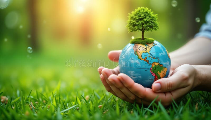 Hands hold small globe with tree. Green eco friendly concept. Protecting planet. Clean energy. Reduce carbon emissions. royalty free illustration