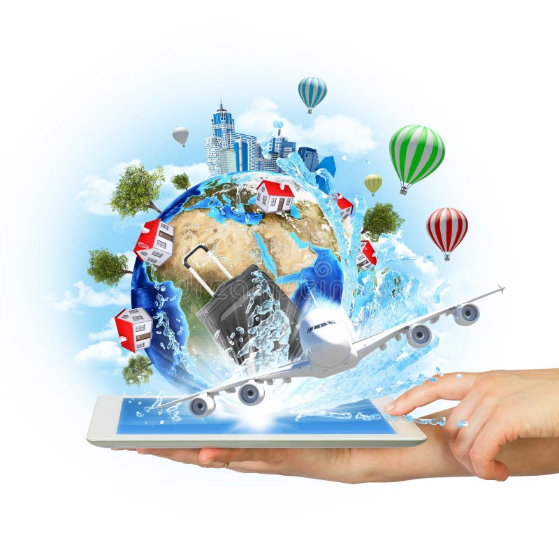 Hands Hold Tablet Pc with Earth and Buildings Stock Image - Image of ...