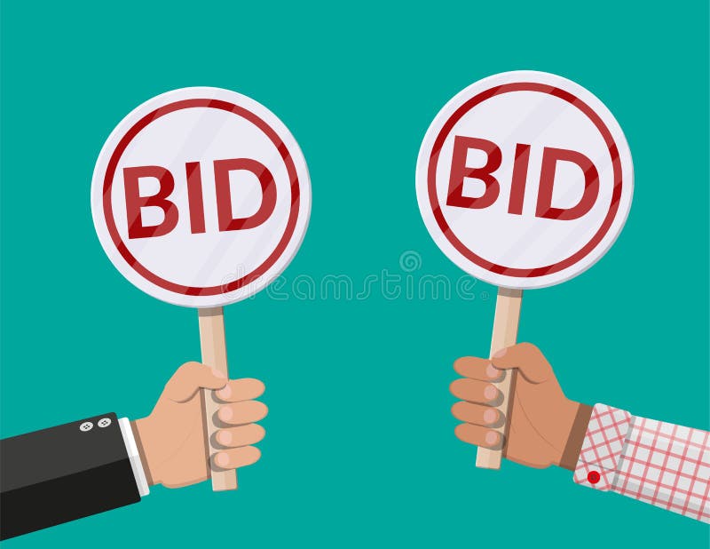 Bidding process auction paddles flat hand Vector Image