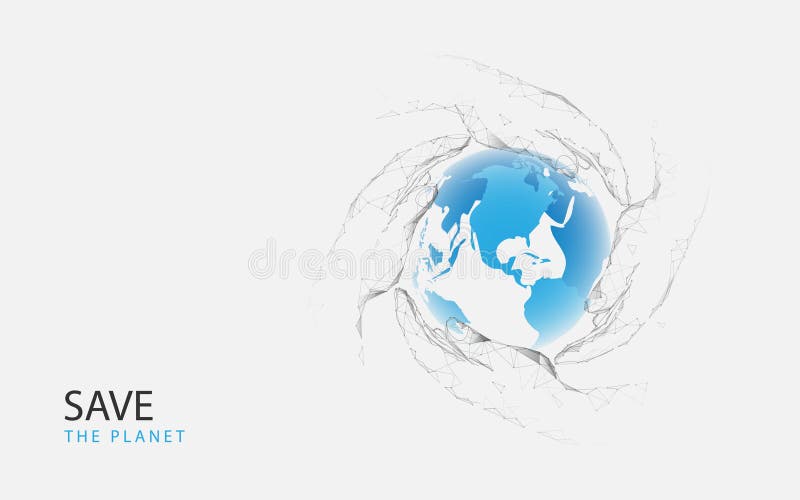 Hands holding a blue globe. Low polygon line, triangles, and particle style design. Abstract geometric wireframe light connection royalty free illustration