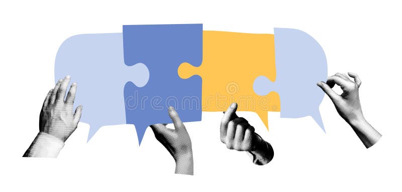 Hands holding blue and yellow speech bubbles in a puzzle shape. Vector collage. Communication and teamwork concept for business royalty free illustration
