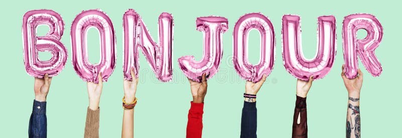 Hands holding Bounjour word in balloon letters stock images Hands holding Bounjour word in balloon letters stock images