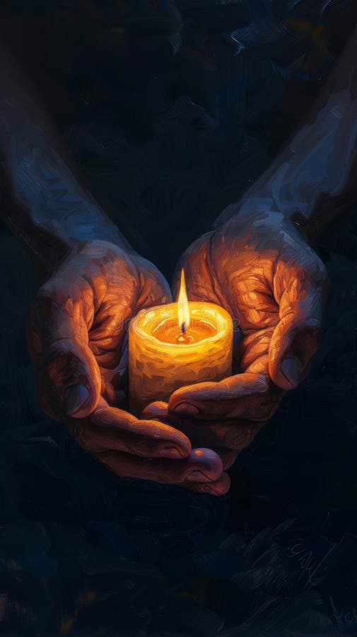 Hands holding a candle in the dark royalty free stock photo