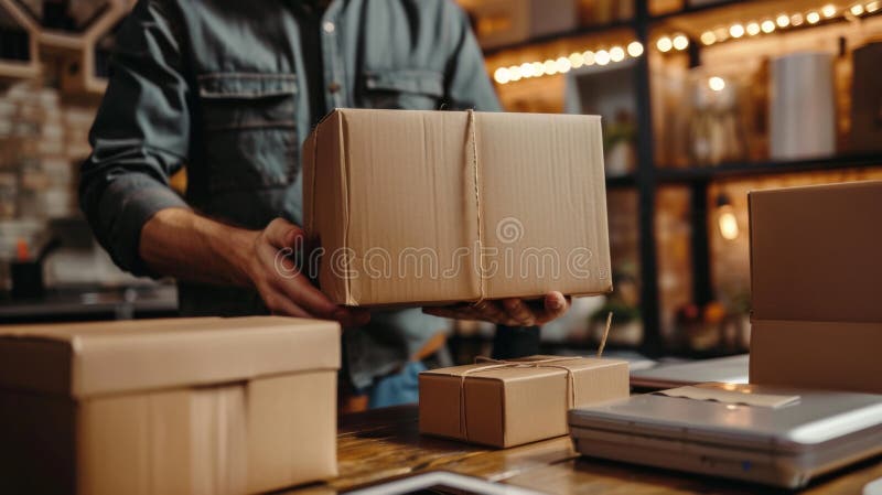 Hands Holding Cardboard Box in Warehouse royalty free stock photography