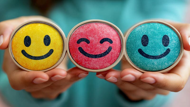 Hands holding colorful smiley faces, positive feedback, survey concept royalty free illustration