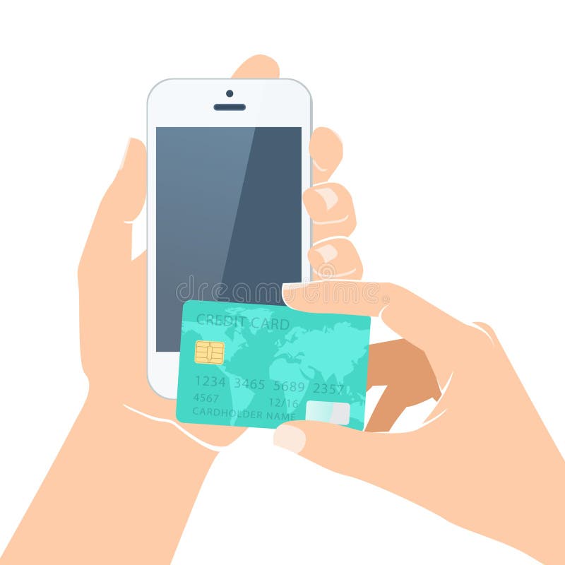 Hands holding credit card and smartphone vector illustration