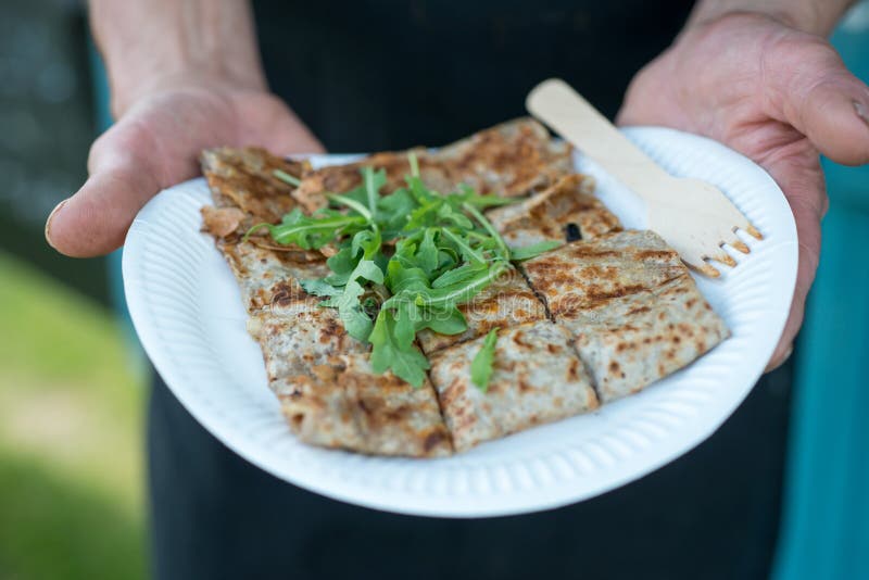 Hands Holding Crepe in Paper Plate Stock Photo Image of dessert, crepe 83974552