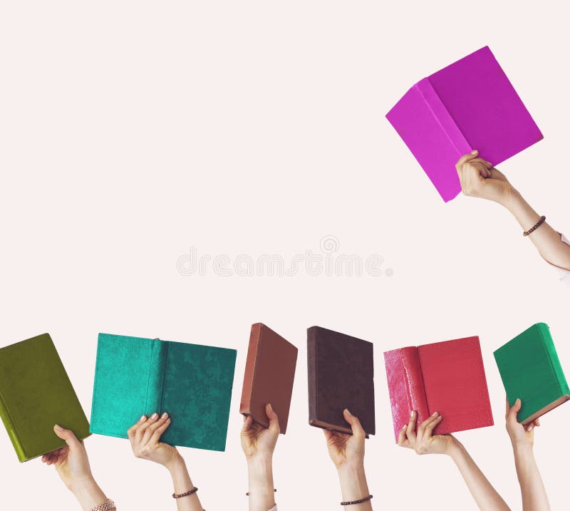 Hands holding different books on isolated background